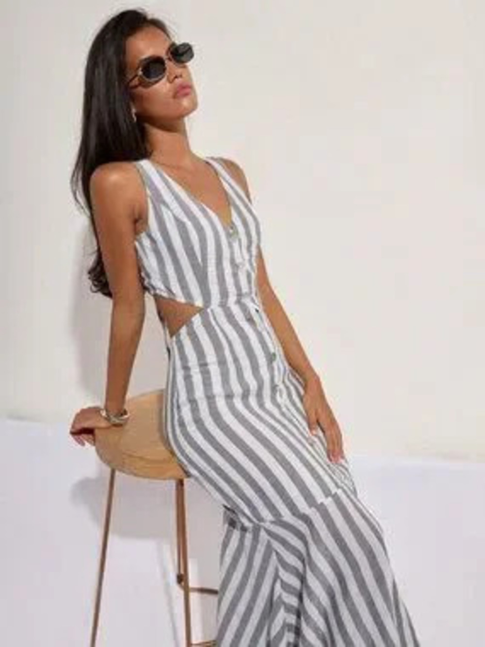 Multicolor Casual Women's striped hollow Back v-neck Mermaid maxi Dress vacay
